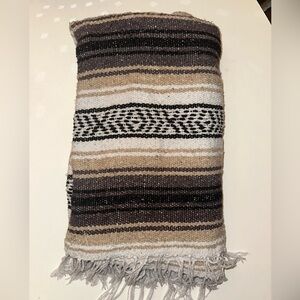 Beige, Black and White Striped Serape Woven Mexican Blanket